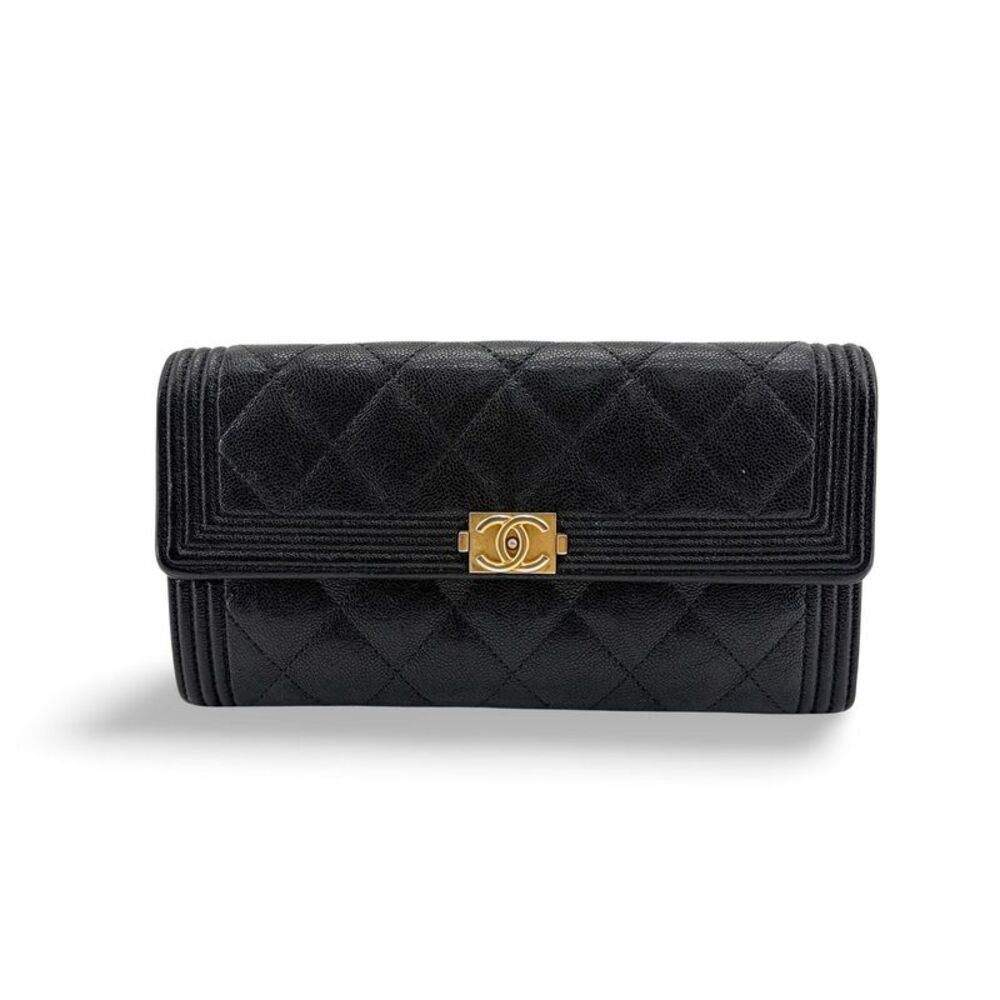 Chanel Boy Quilted Flap Long Wallet Black Gold Hardware